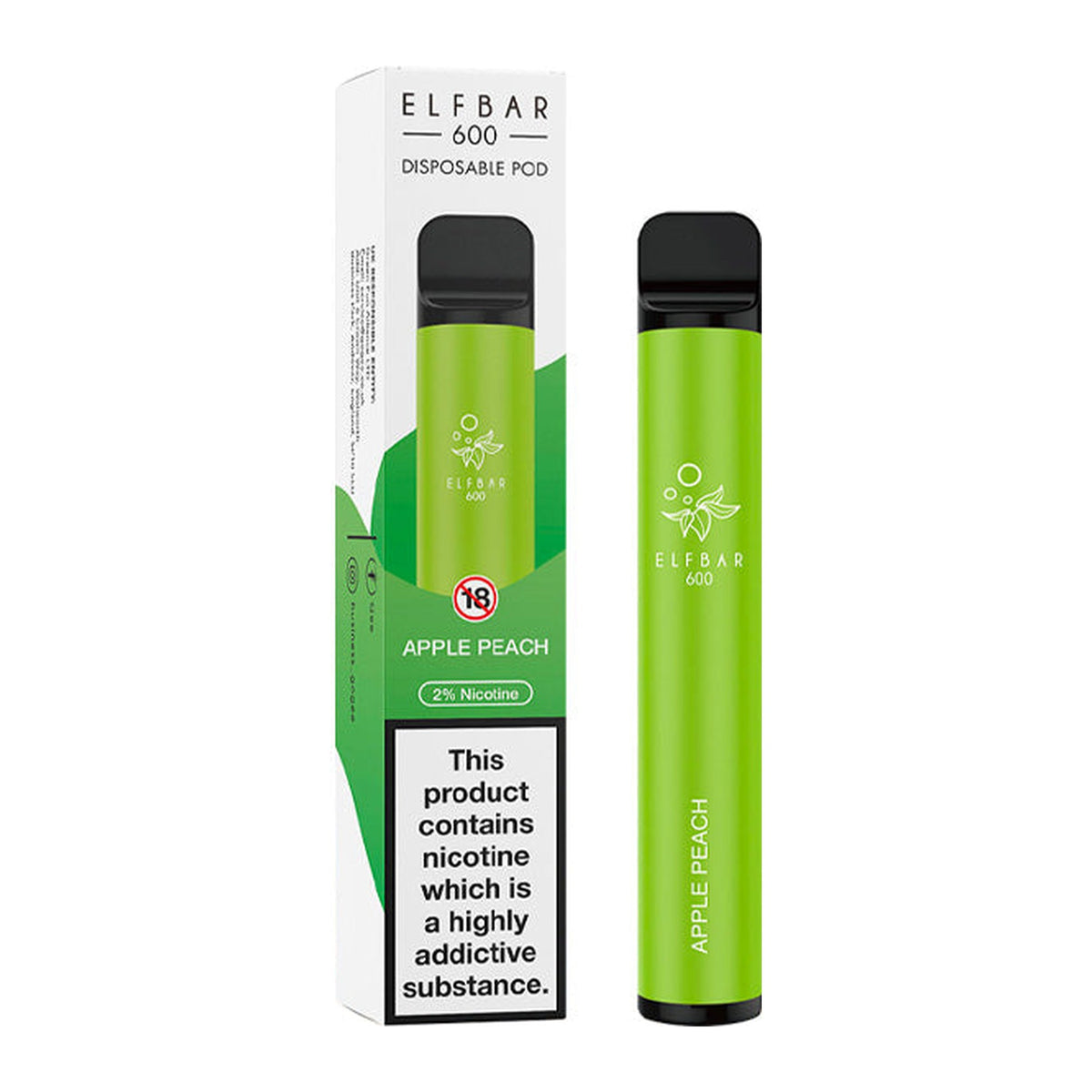 ELF Bar 600 Apple Peach disposable vape, box and device