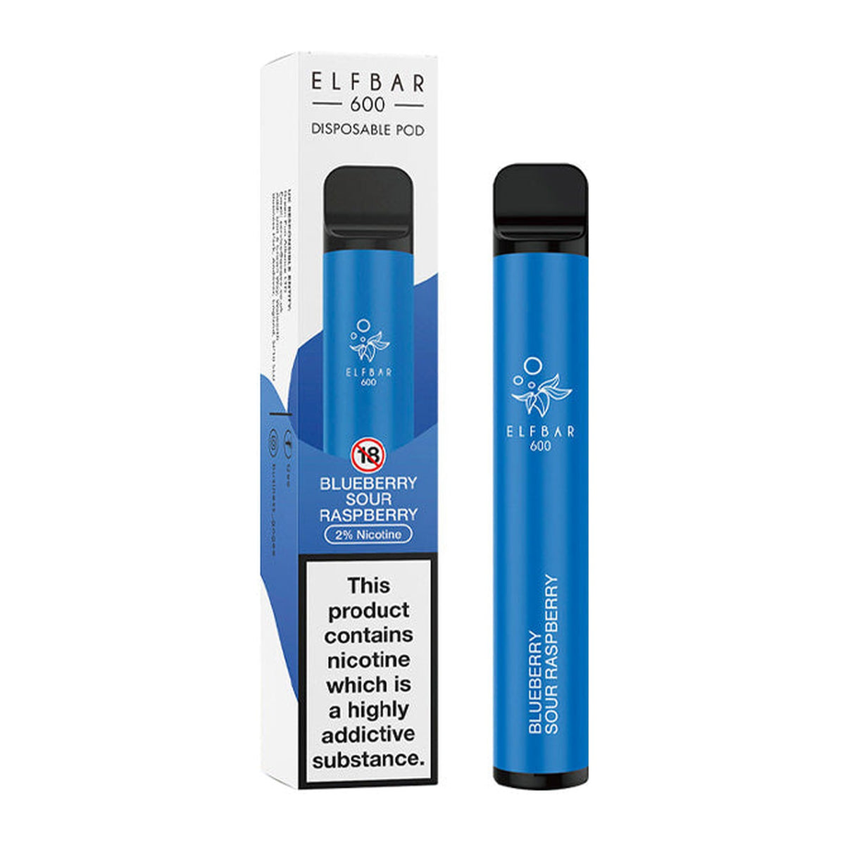 ELF Bar 600 Blue Sour Raspberry disposable vape, box and device