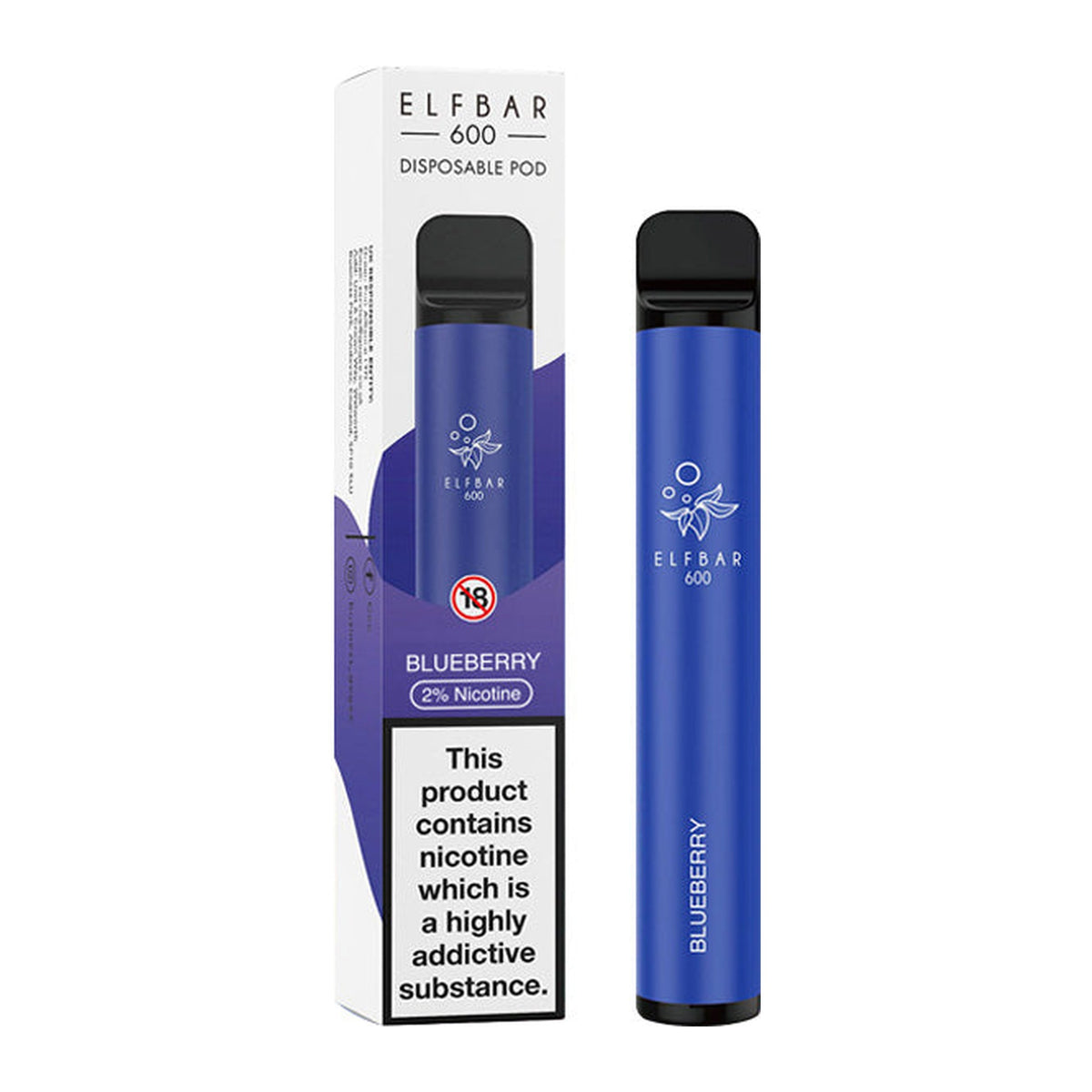 ELF Bar 600 Blueberry disposable vape, box and device