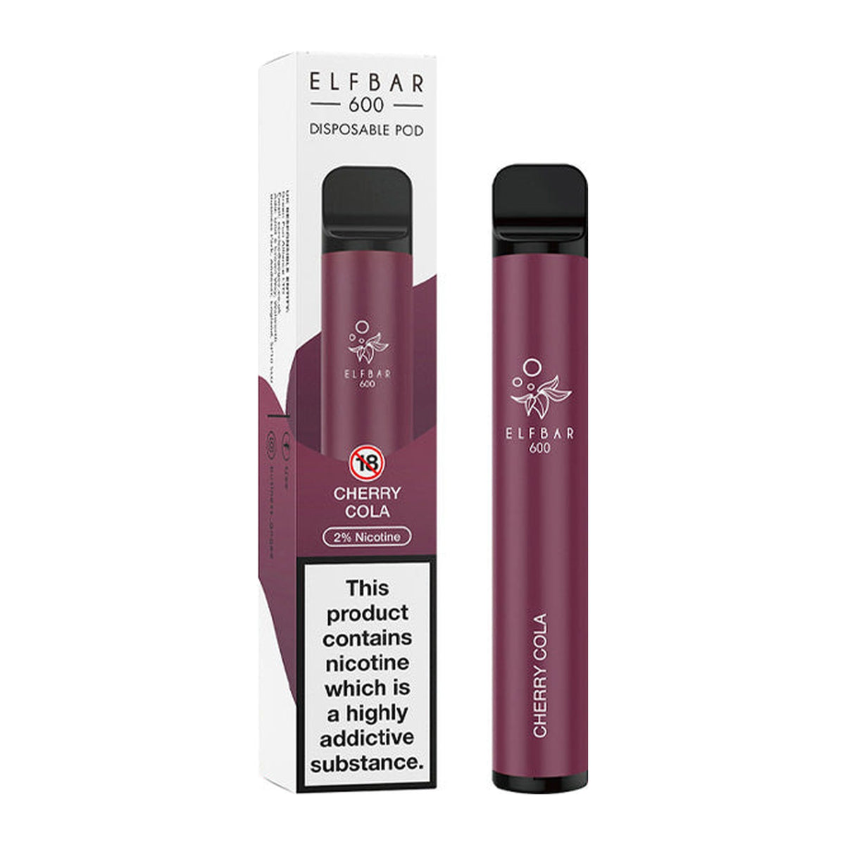 ELF Bar 600 Cherry Cola disposable vape, box and device