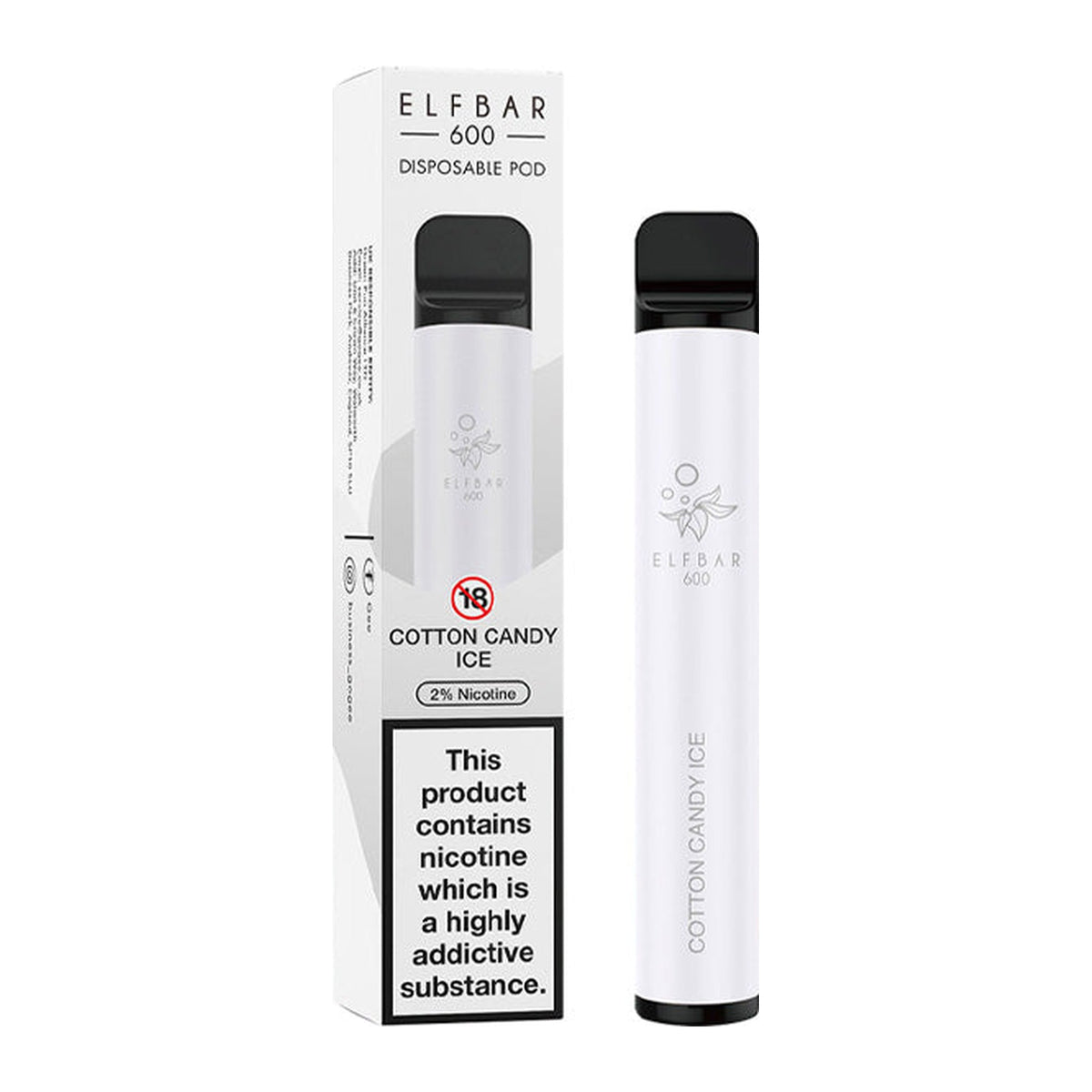 ELF Bar 600 Cotton Candy Ice disposable vape, box and device