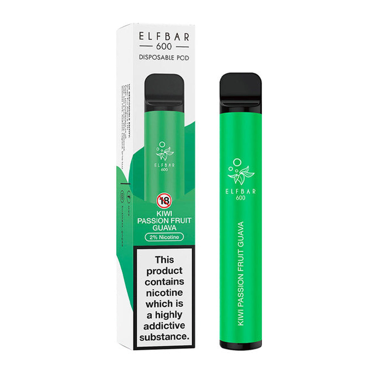 ELF Bar 600 Kiwi Passion Fruit Guava disposable vape, box and device