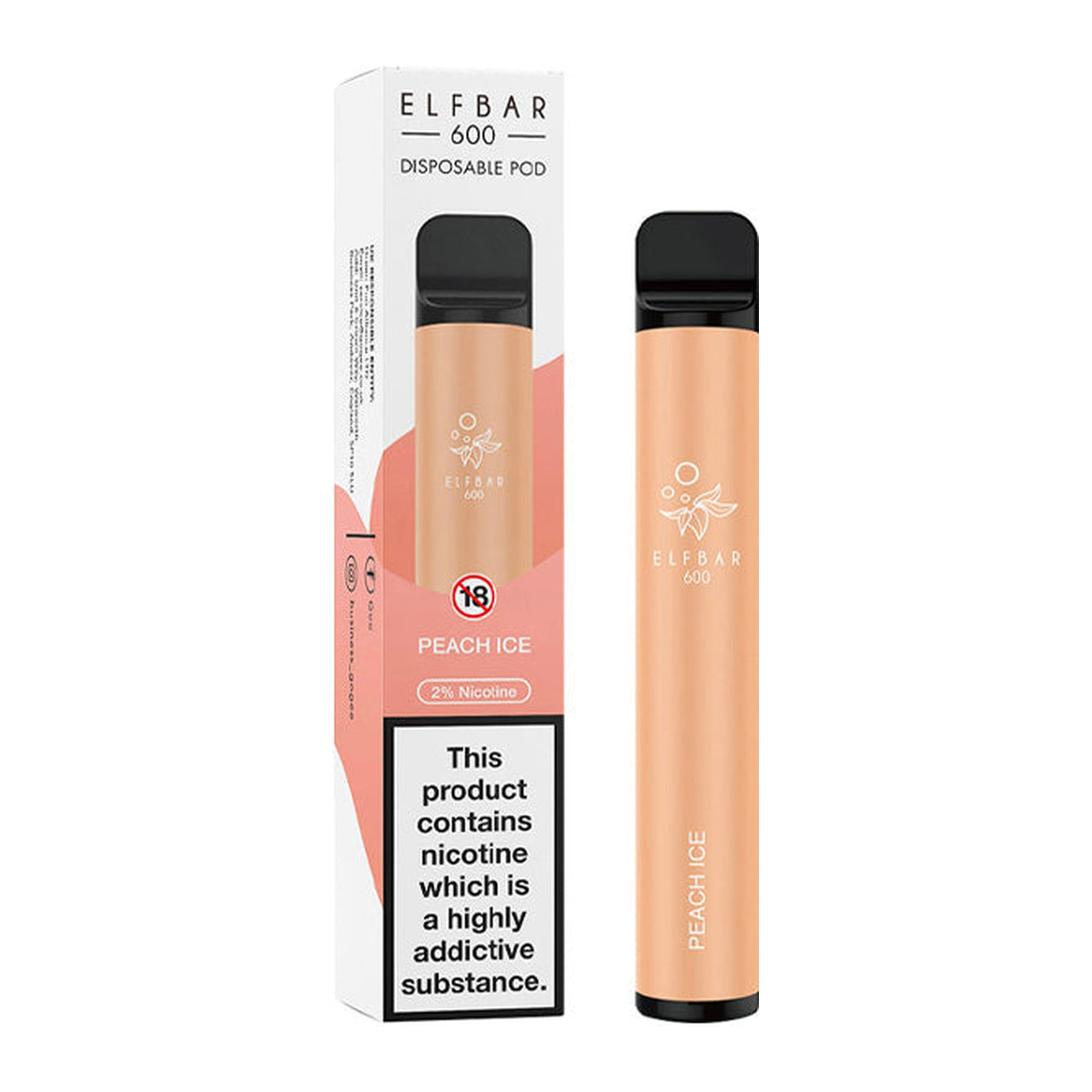 ELF Bar 600 Peach Ice disposable vape, box and device