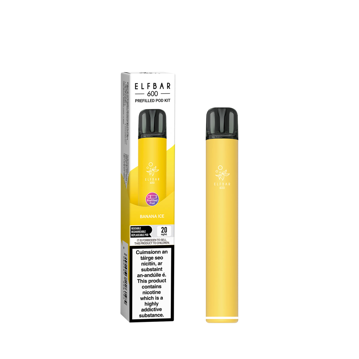 ELF Bar 600 Prefilled Pod Kit Banana Ice 20mg pod kit, pack and product