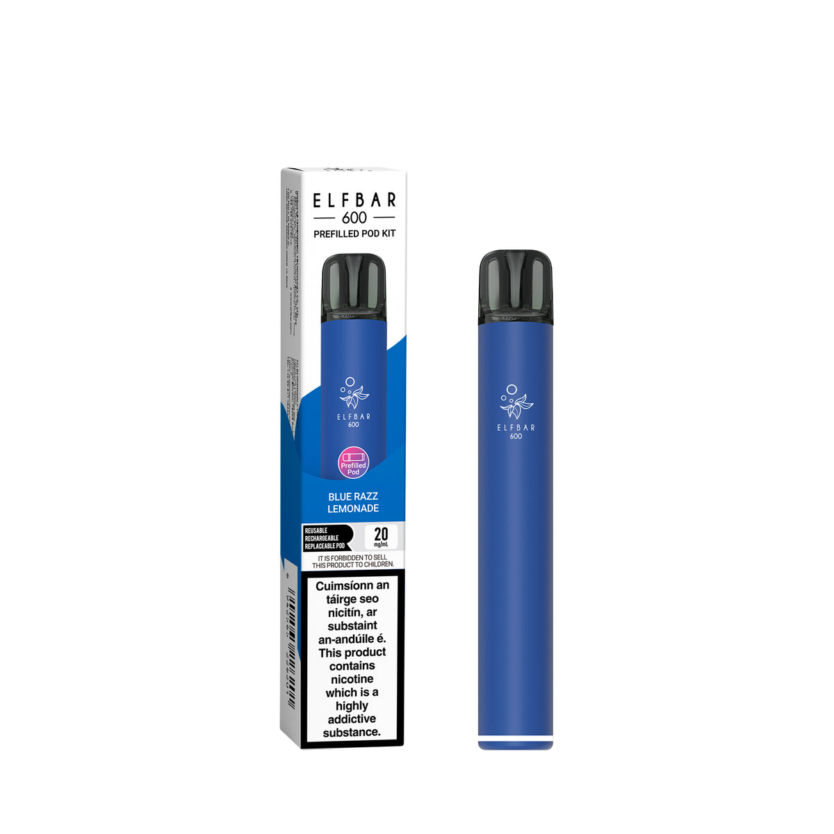 ELF Bar 600 Prefilled Pod Kit Blue Razz Lemonade 20mg pod kit, pack and product