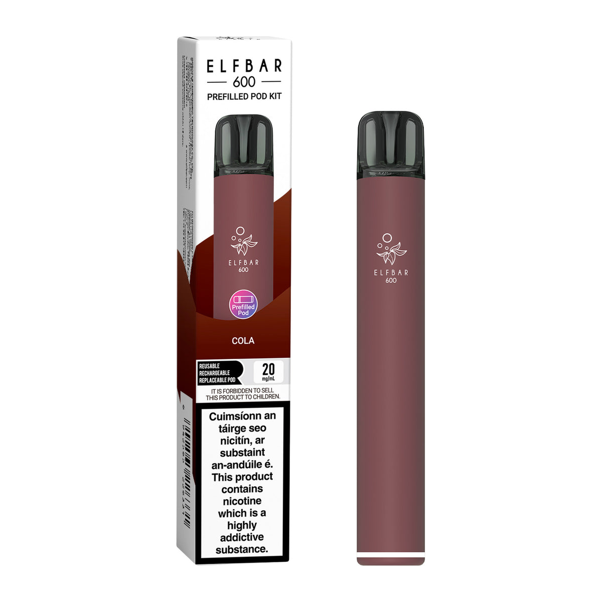ELF Bar 600 Prefilled Pod Kit Cola 20mg pod kit, pack and product