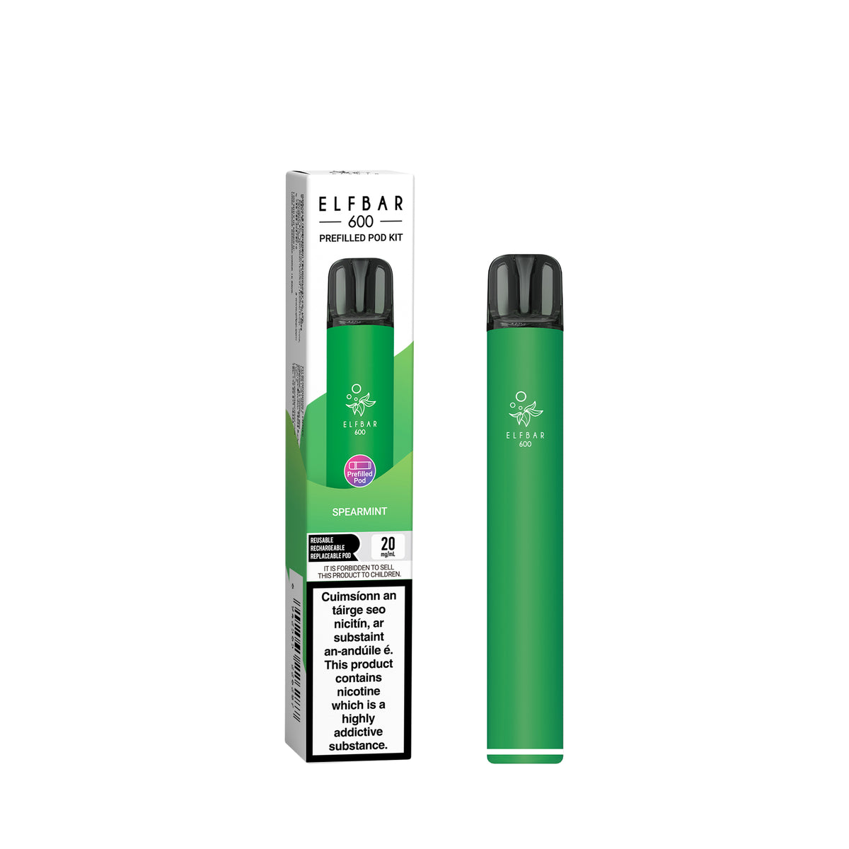 ELF Bar 600 Prefilled Pod Kit Spearmint 20mg pod kit, pack and product
