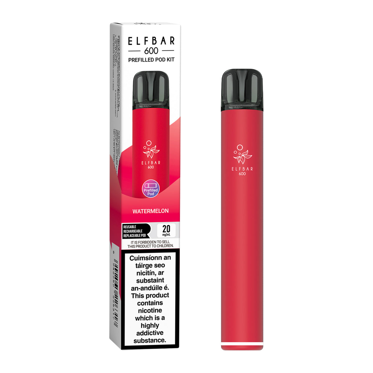 ELF Bar 600 Prefilled Pod Kit Watermelon 20mg pod kit, pack and product