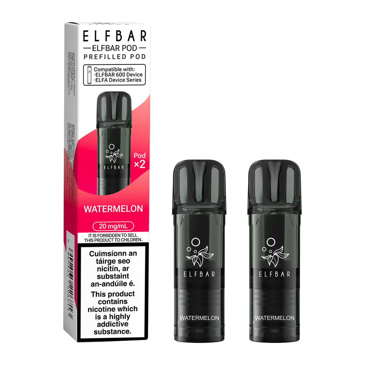 ELF Bar 600 Prefilled Pod Watermelon 20mg prefilled pod, pack and product