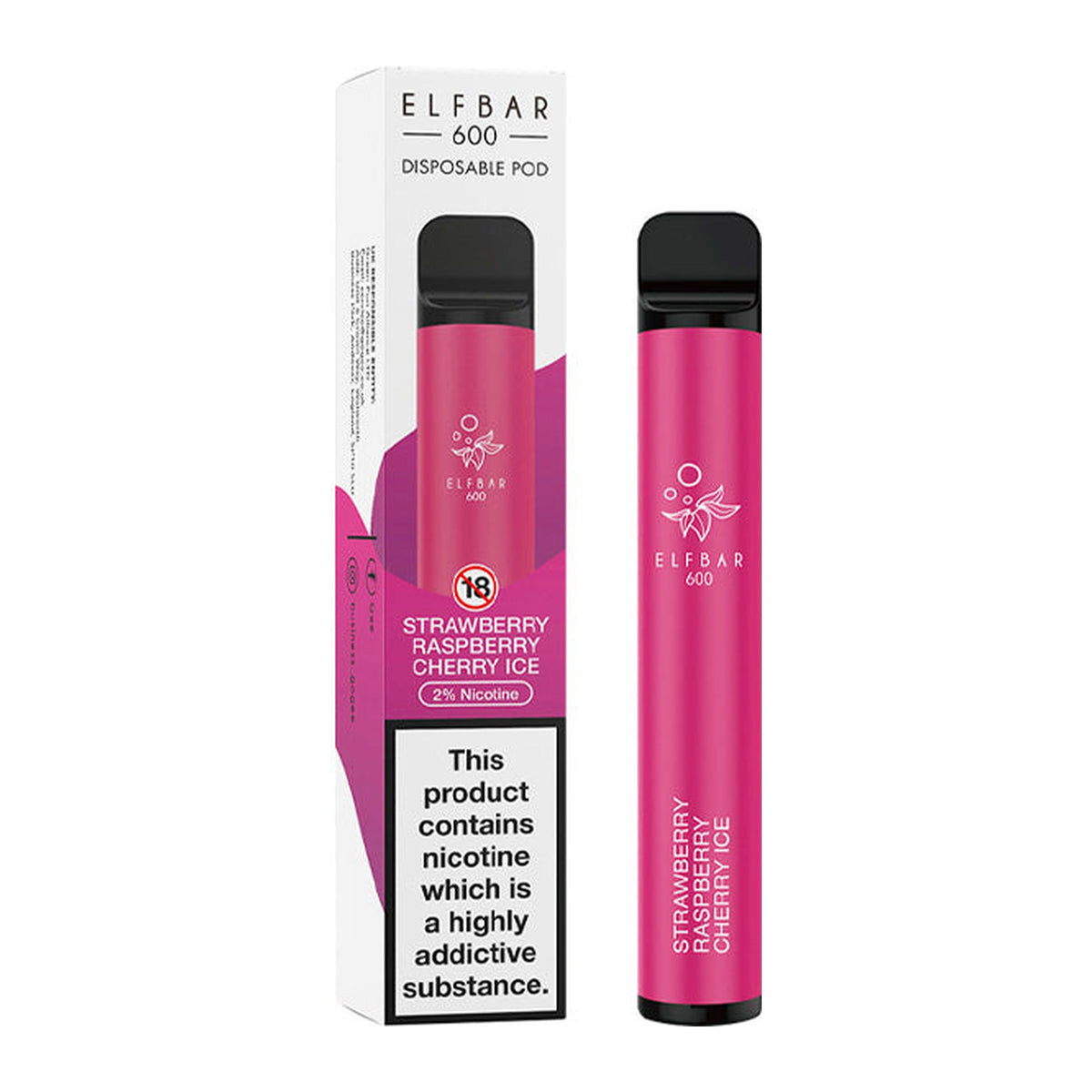 ELF Bar 600 Strawberry Raspberry Cherry Ice disposable vape, box and device