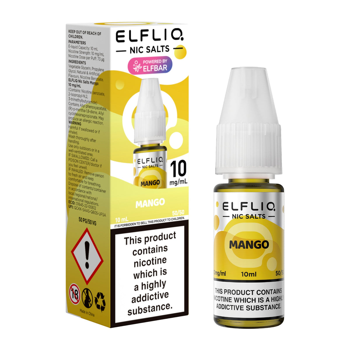 ELFLIQ Mango 10mg nic salt, bottle and box