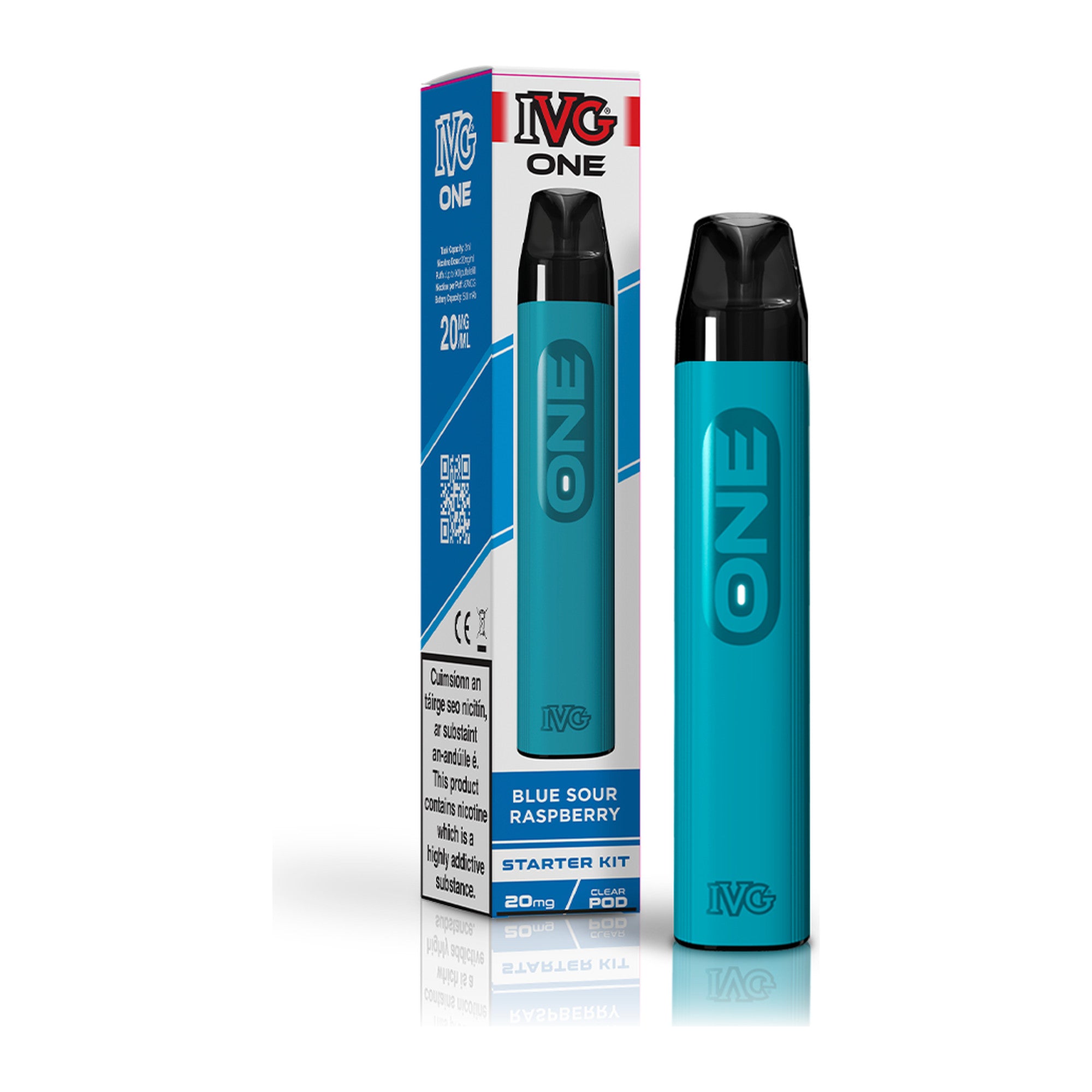 IVG One Kit Blue Sour Raspberry 20mg starter kit, device and box