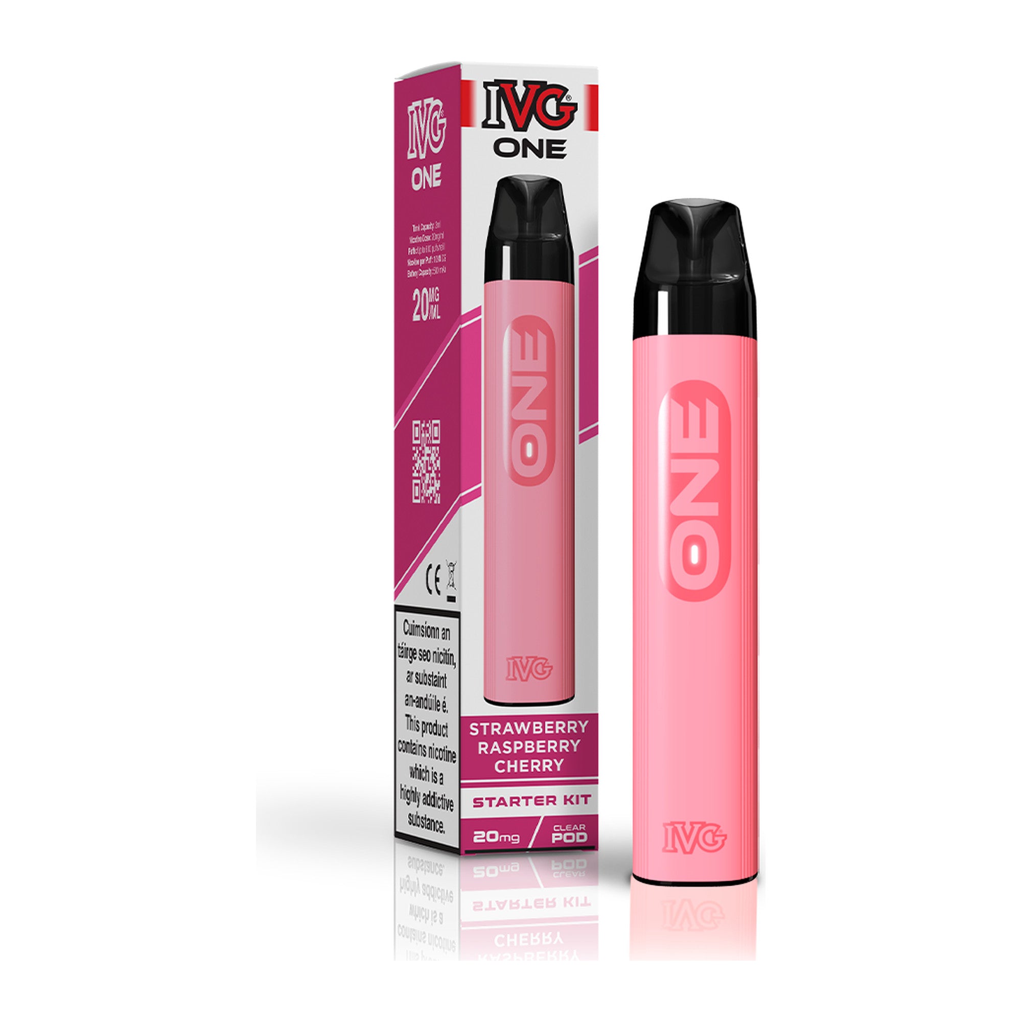IVG One Kit Strawberry Raspberry Cherry 20mg starter kit, device and box
