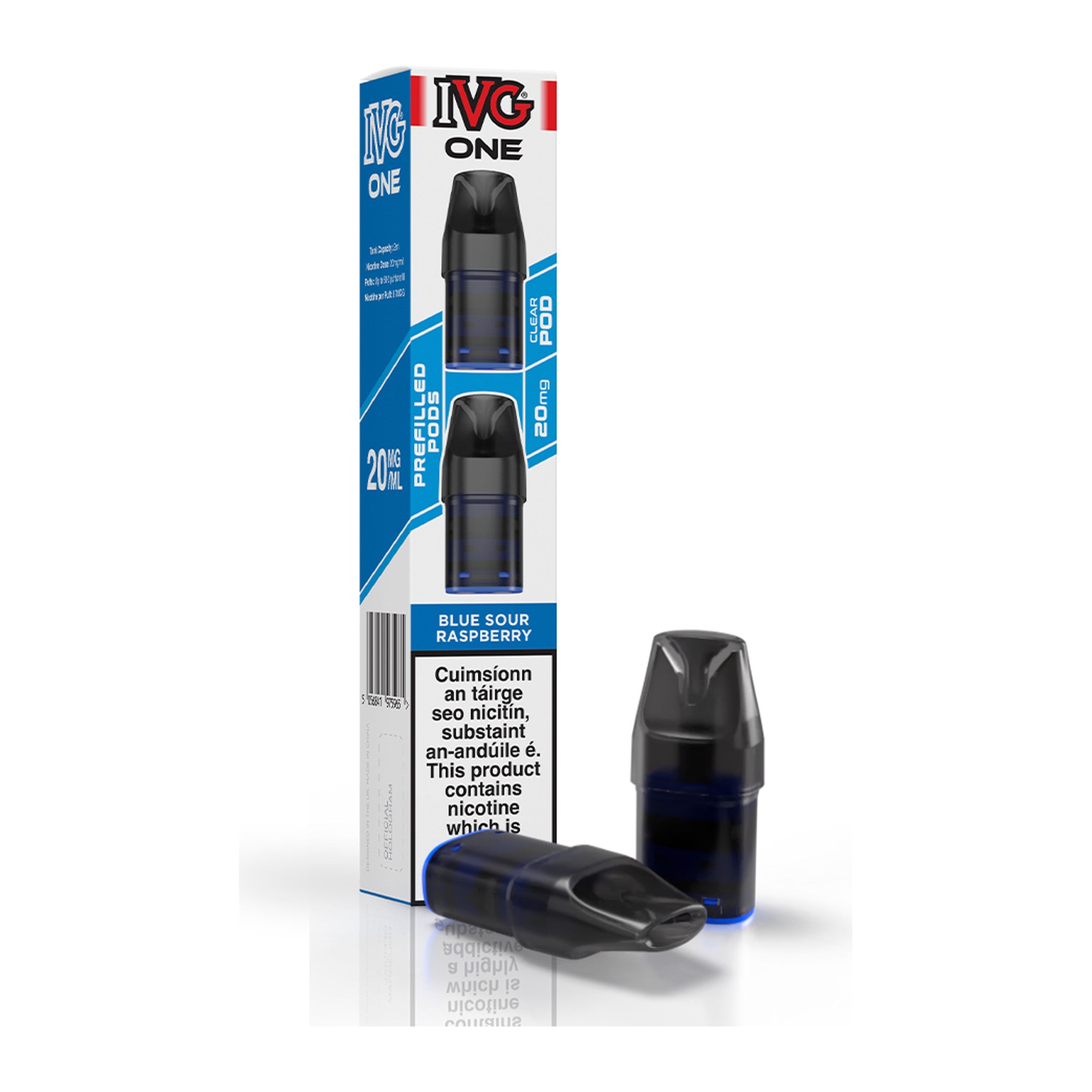 IVG One Refill Pods Blue Sour Raspberry 20mg, bottle and box
