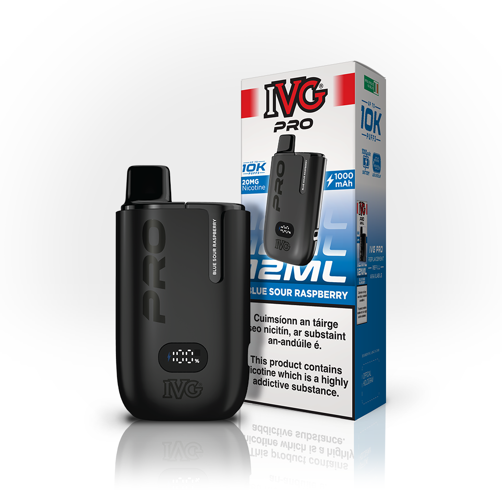IVG PRO 10K Kit Blue Sour Raspberry 20mg, box and device