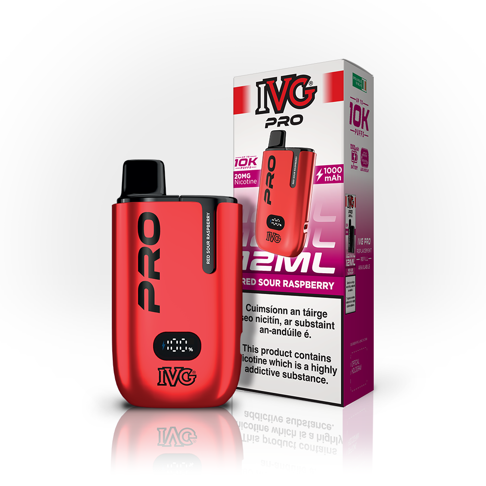 IVG PRO 10K Kit Red Sour Raspberry 20mg, box and device