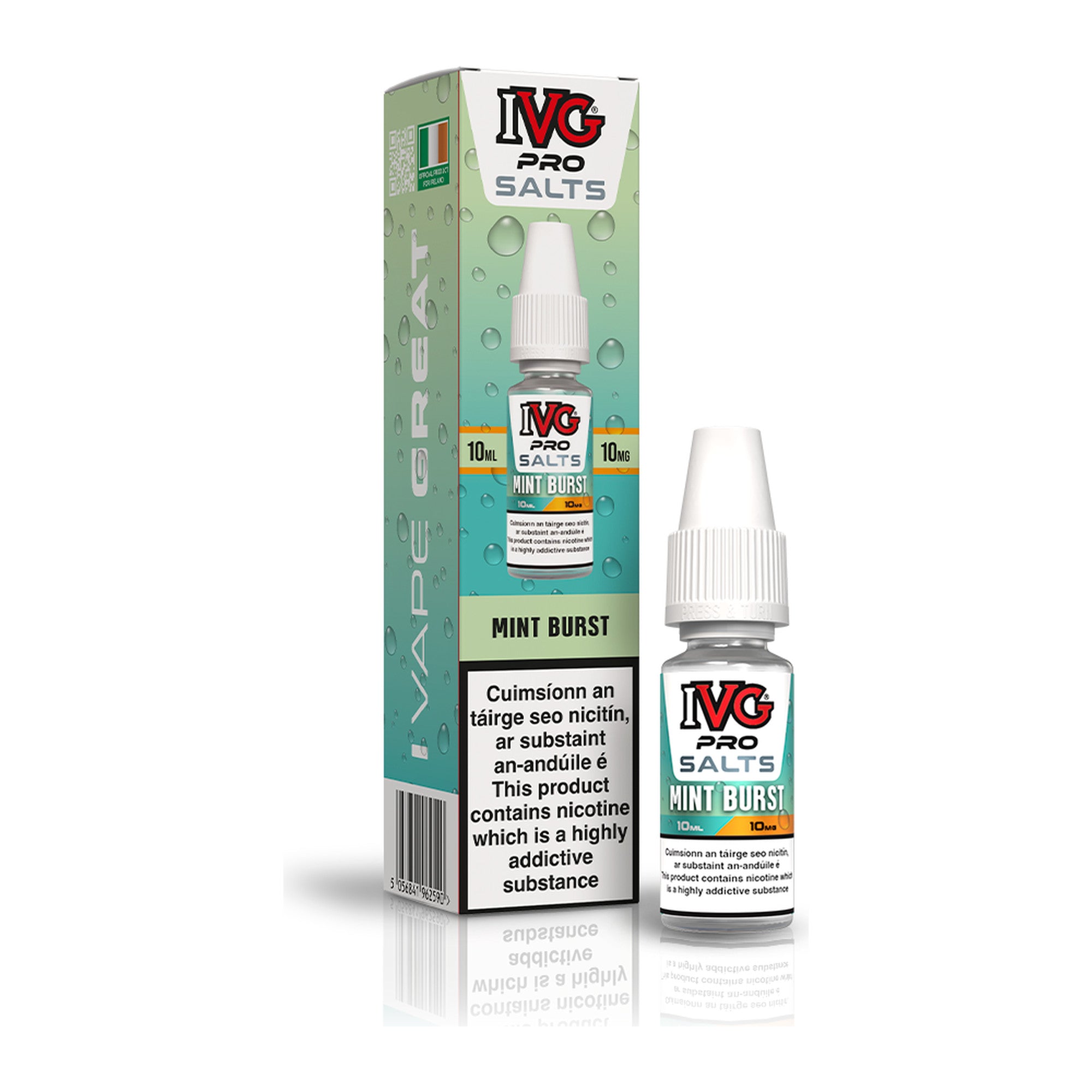 IVG Pro Salt Mint Burst 10mg 10ml nicotine salt e-liquid, bottle and box