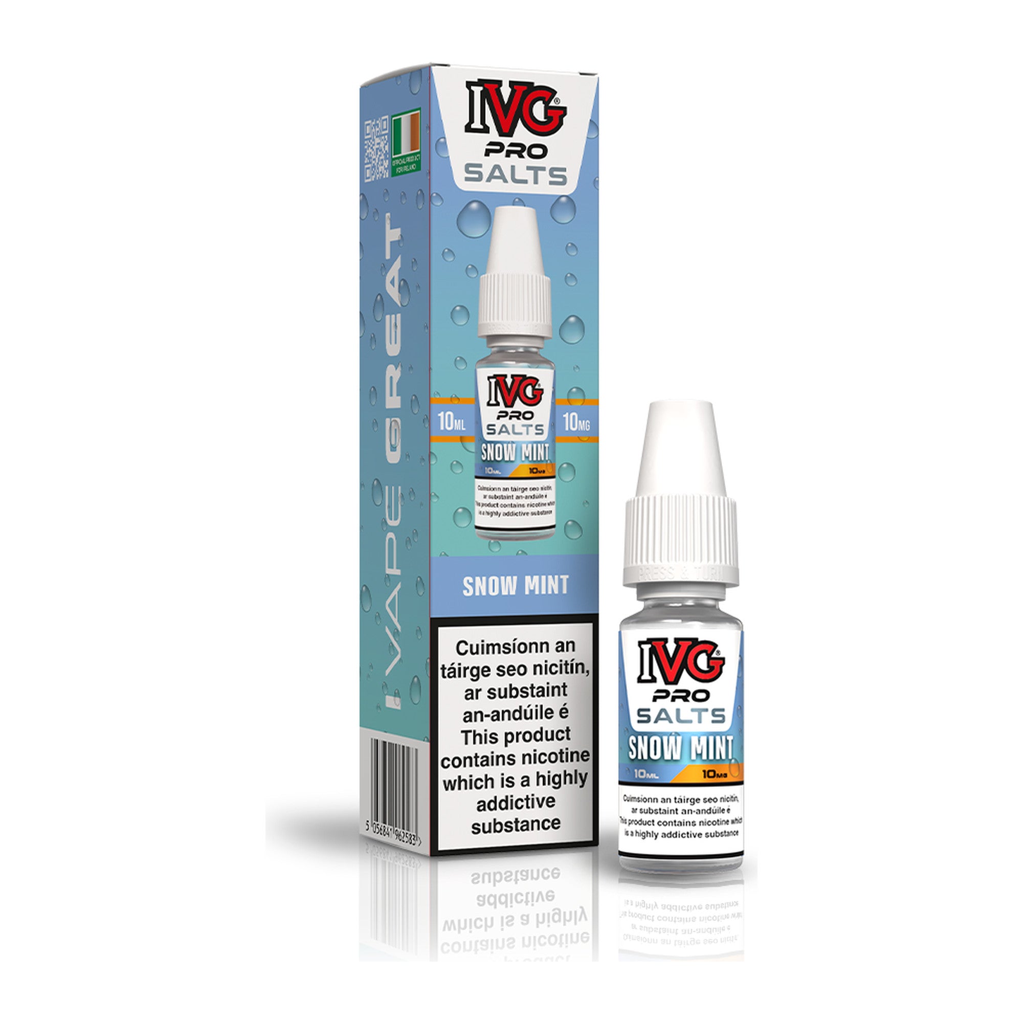 IVG Pro Salt Snow Mint 10mg 10ml nicotine salt e-liquid, bottle and box