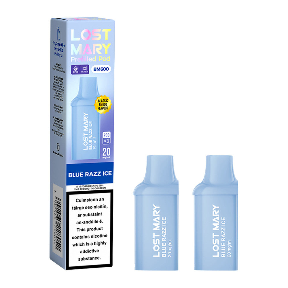Lost Mary BM600 Prefilled Pod Blue Razz Ice 20mg prefilled pod, pack and product