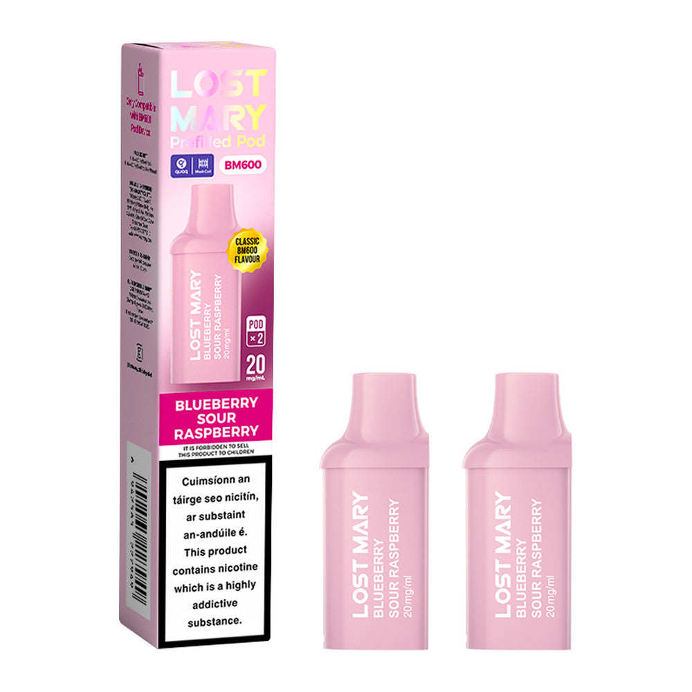 Lost Mary BM600 Prefilled Pod Blueberry Sour Raspberry 20mg prefilled pod, pack and product
