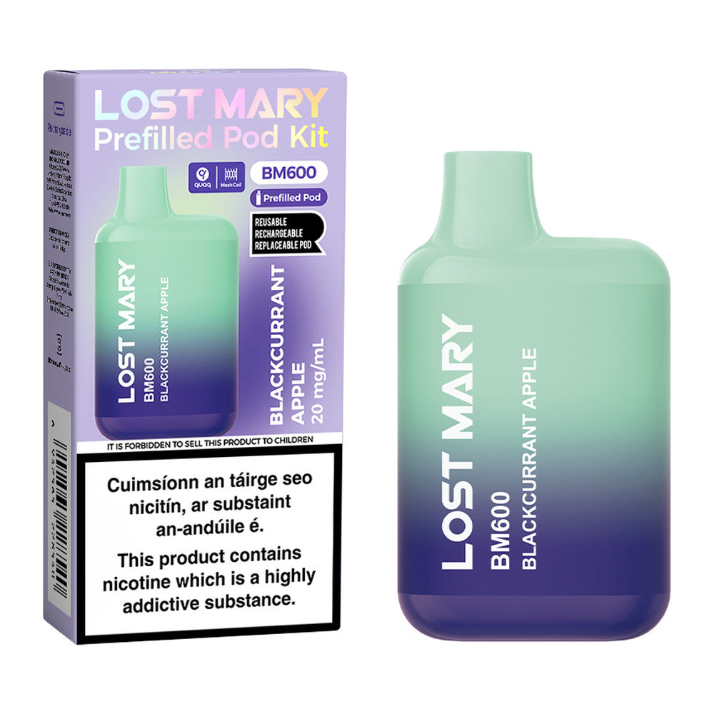 Lost Mary BM600 Prefilled Pod Kit Blackcurrant Apple 20mg pod kit, pack and product