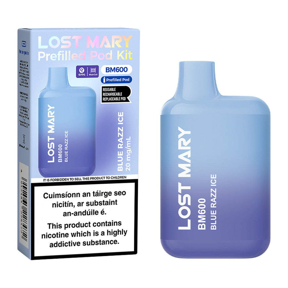 Lost Mary BM600 Prefilled Pod Kit Blue Razz Ice 20mg pod kit, pack and product