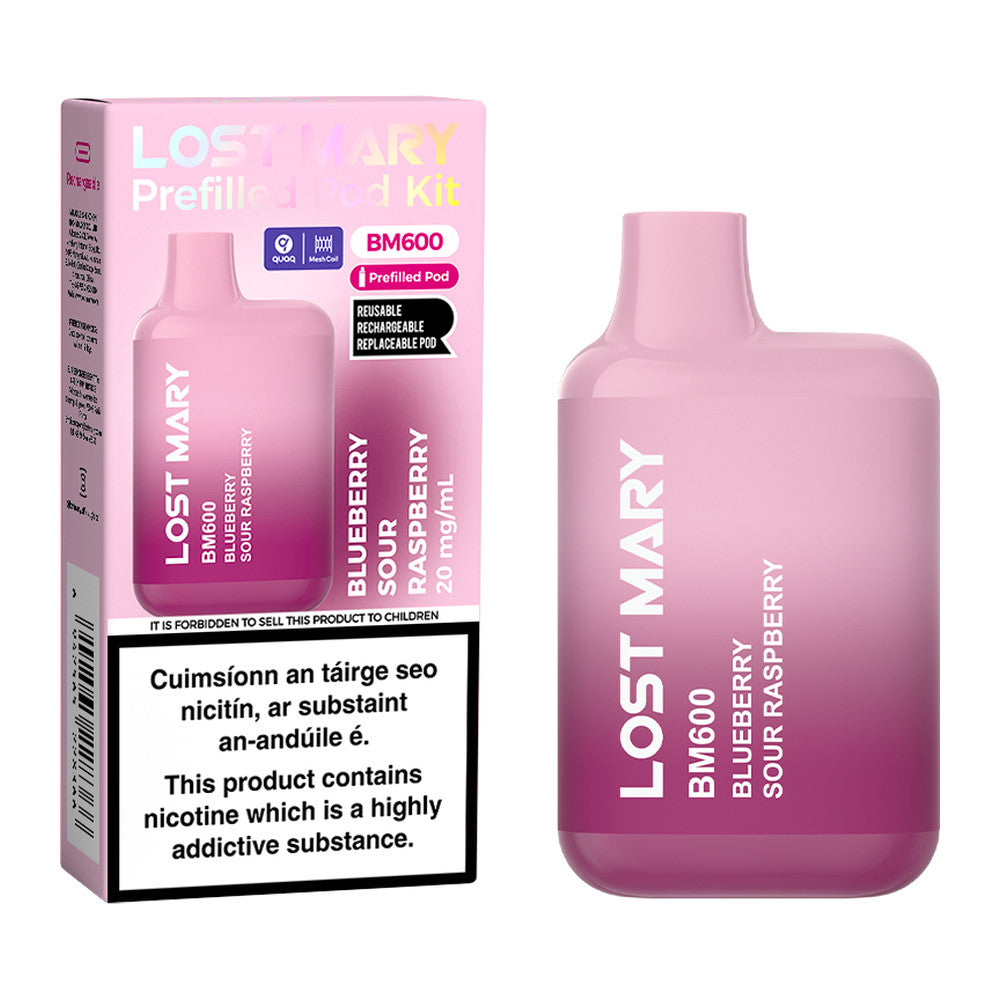 Lost Mary BM600 Prefilled Pod Kit Blueberry Sour Raspberry 20mg pod kit, pack and product