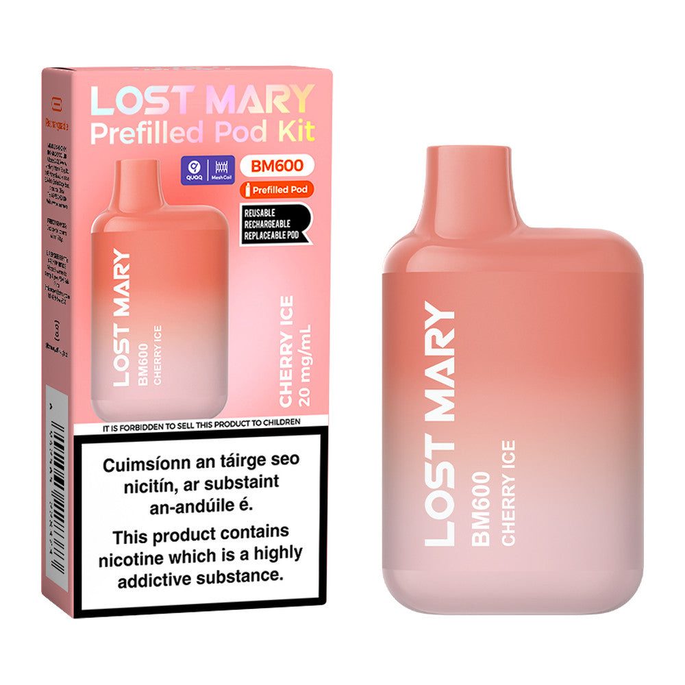 Lost Mary BM600 Prefilled Pod Kit Cherry Ice 20mg pod kit, pack and product