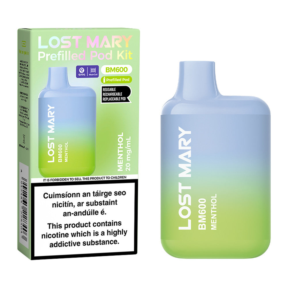 Lost Mary BM600 Prefilled Pod Kit Menthol 20mg pod kit, pack and product