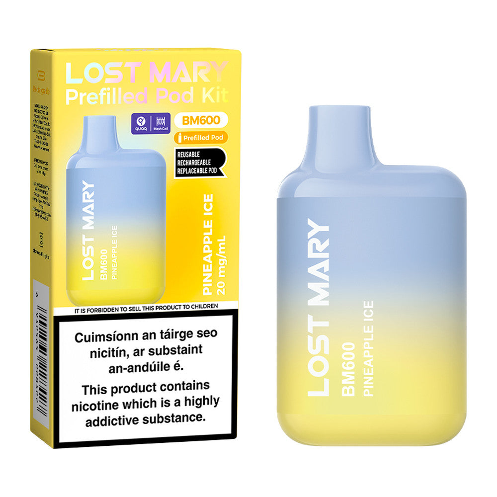 Lost Mary BM600 Prefilled Pod Kit Pineapple Ice 20mg pod kit, pack and product