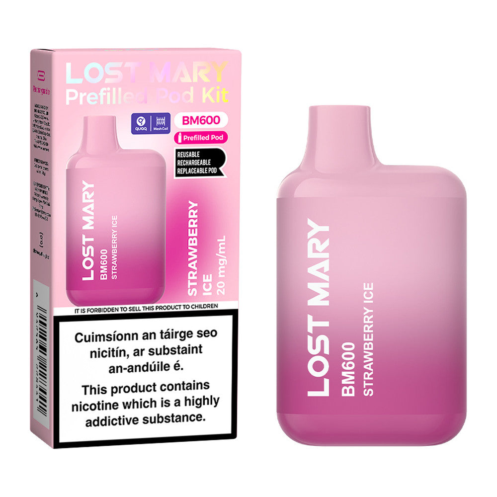Lost Mary BM600 Prefilled Pod Kit Strawberry Ice 20mg pod kit, pack and product