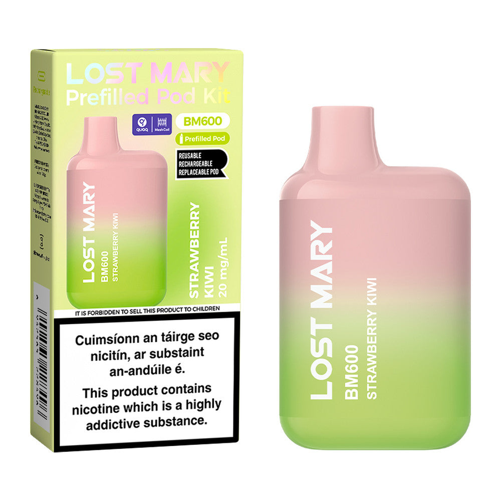Lost Mary BM600 Prefilled Pod Kit Strawberry Kiwi 20mg pod kit, pack and product