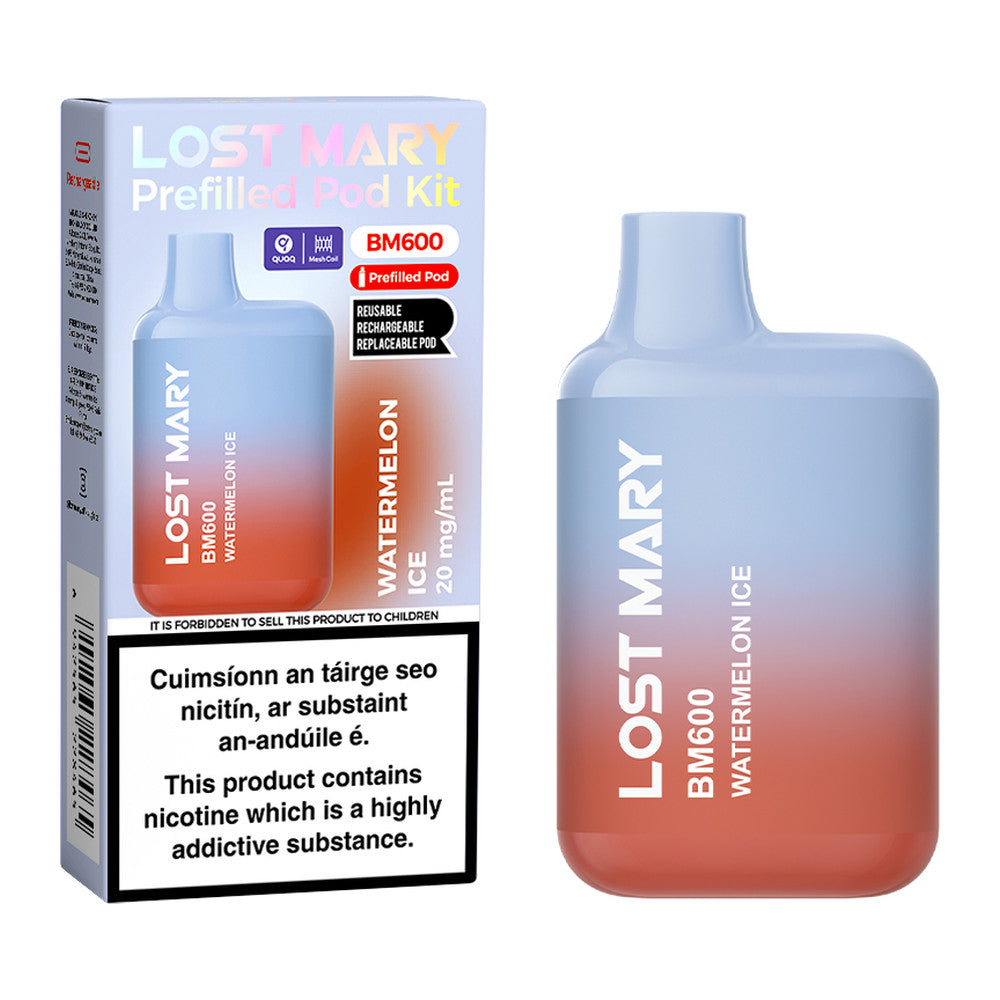 Lost Mary BM600 Prefilled Pod Kit Watermelon Ice 20mg pod kit, pack and product