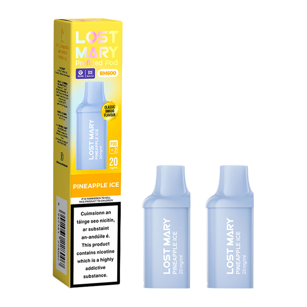 Lost Mary BM600 Prefilled Pod Pineapple Ice 20mg prefilled pod, pack and product