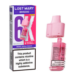 Lost Mary BM6000 Berry Apple Peach 20mg prefilled pod and 10ml refill, box and pod