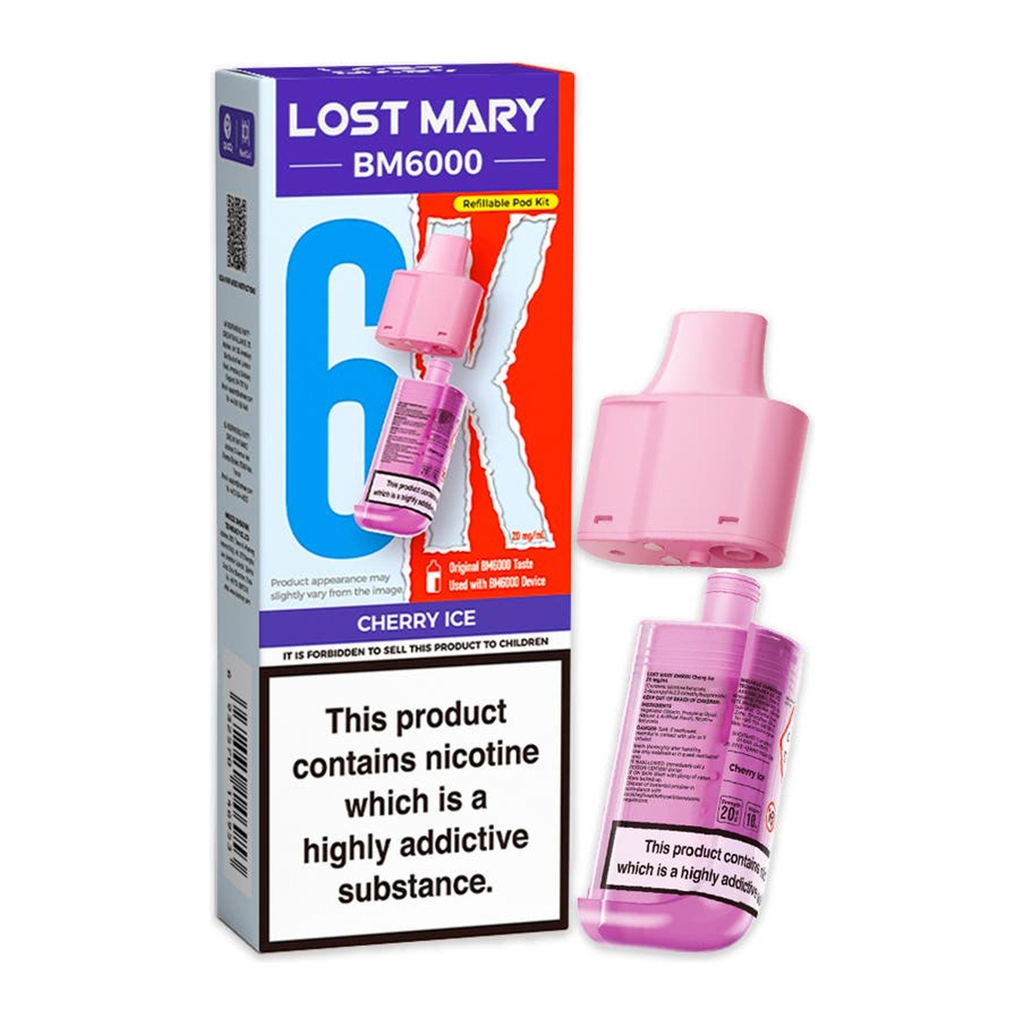 Lost Mary BM6000 Cherry Ice 20mg prefilled pod and 10ml refill, box and pod