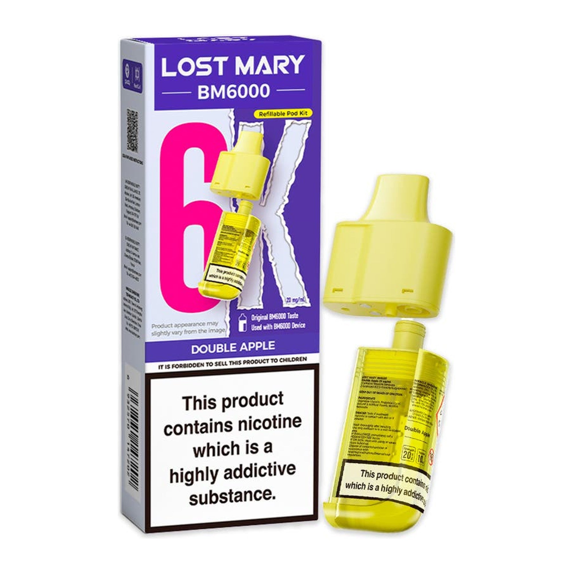 Lost Mary BM6000 Double Apple 20mg prefilled pod and 10ml refill, box and pod