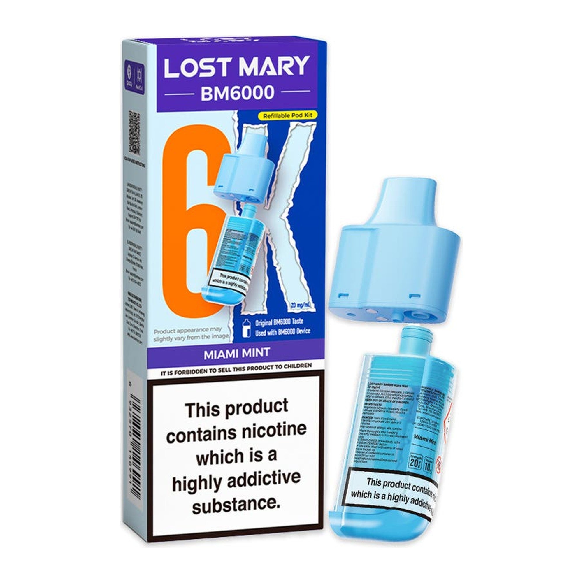 Lost Mary BM6000 Miami Mint 20mg prefilled pod and 10ml refill, box and pod