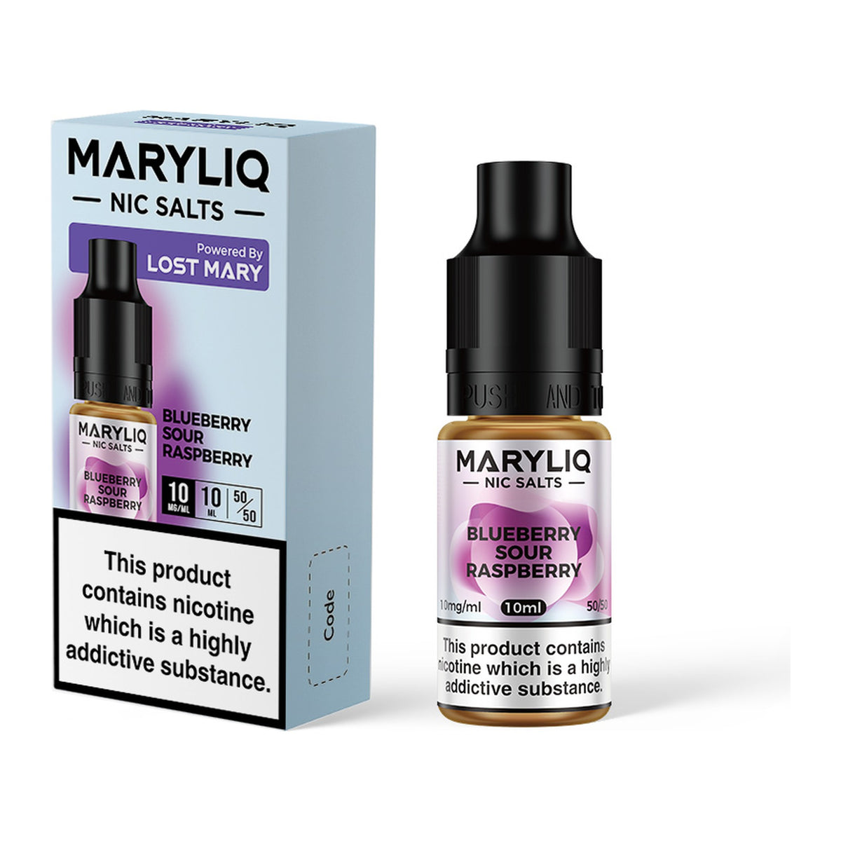 MARYLIQ Blueberry Sour Raspberry 10mg nic salt, bottle and box