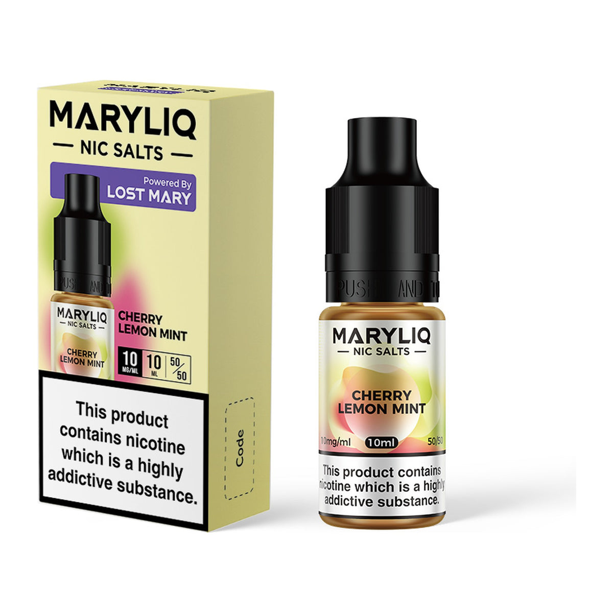 MARYLIQ Cherry Lemon Mint 10mg nic salt, bottle and box