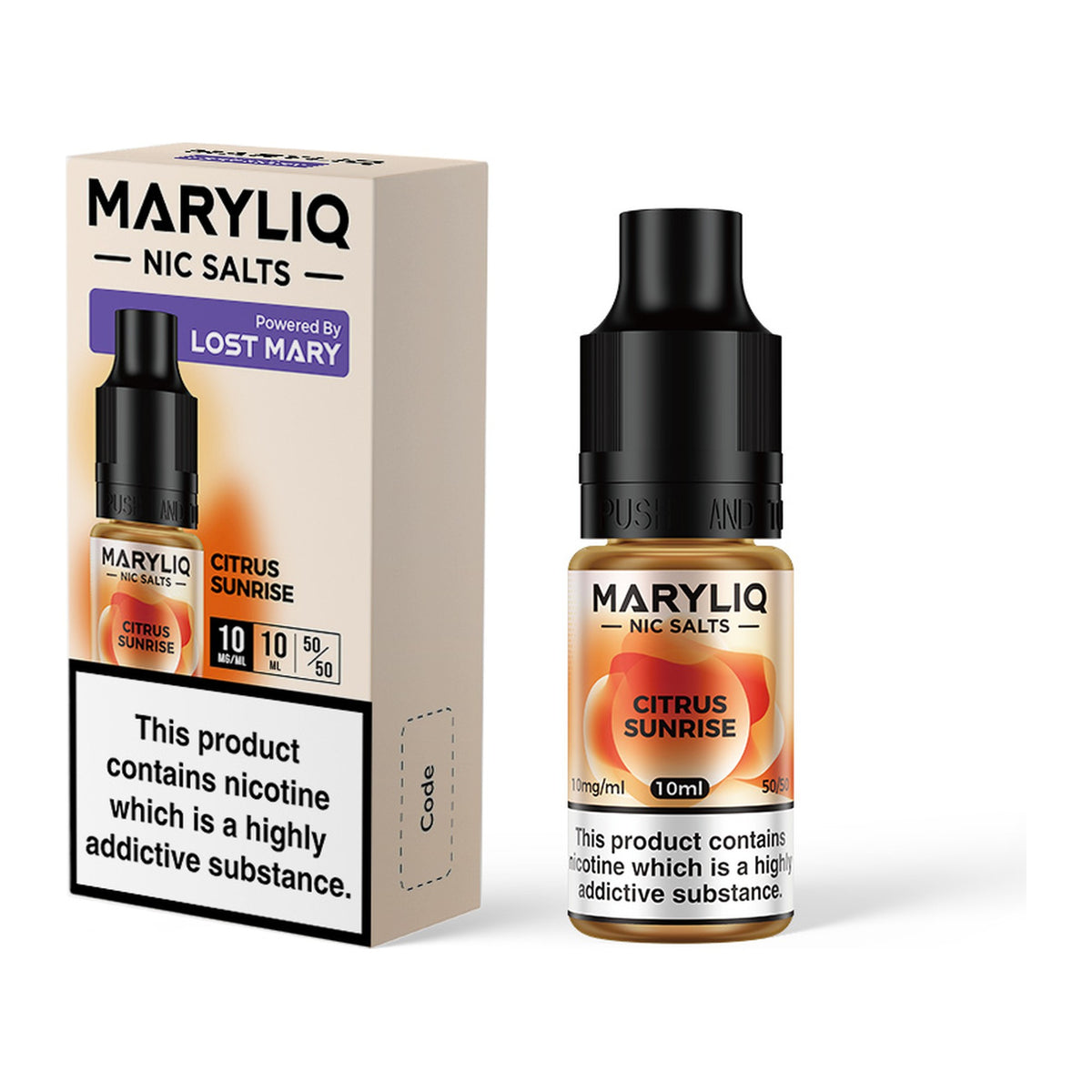 MARYLIQ Citrus Sunrise 10mg nic salt, bottle and box