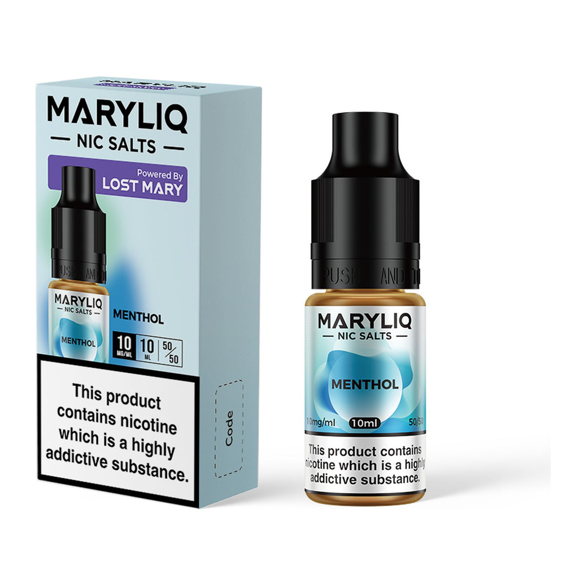 MARYLIQ Menthol 10mg nic salt, bottle and box