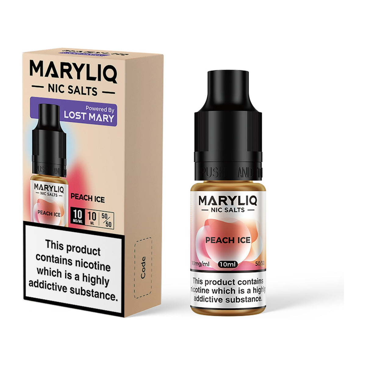 MARYLIQ Peach Ice 10mg nic salt, bottle and box