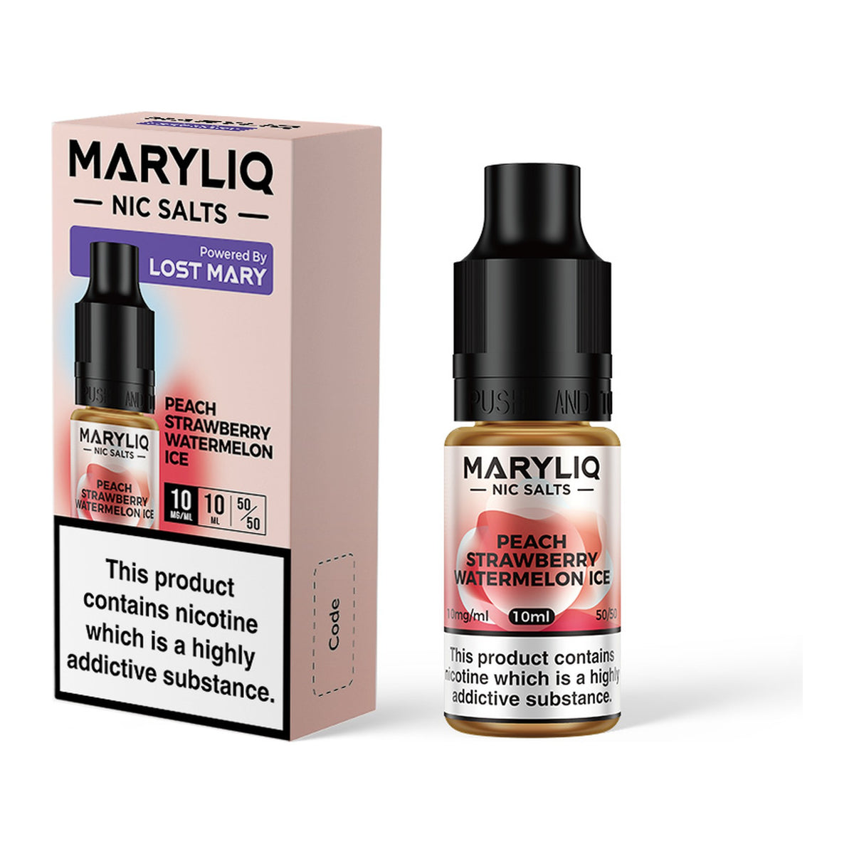 MARYLIQ Peach Strawberry Watermelon Ice 10mg nic salt, bottle and box