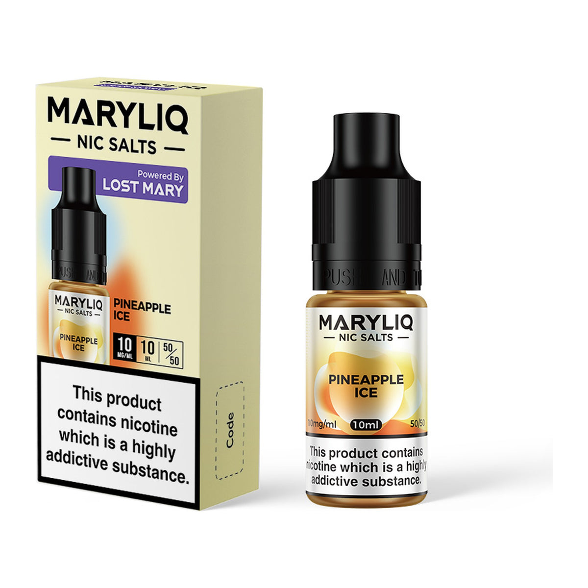 MARYLIQ Pineapple Ice 10mg nic salt, bottle and box