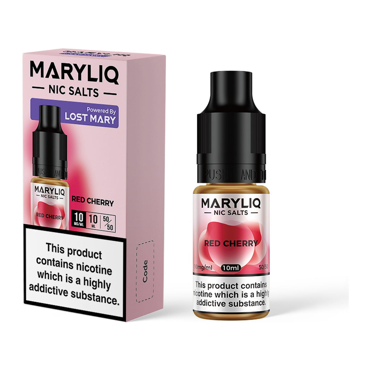 MARYLIQ Red Cherry 10mg nic salt, bottle and box
