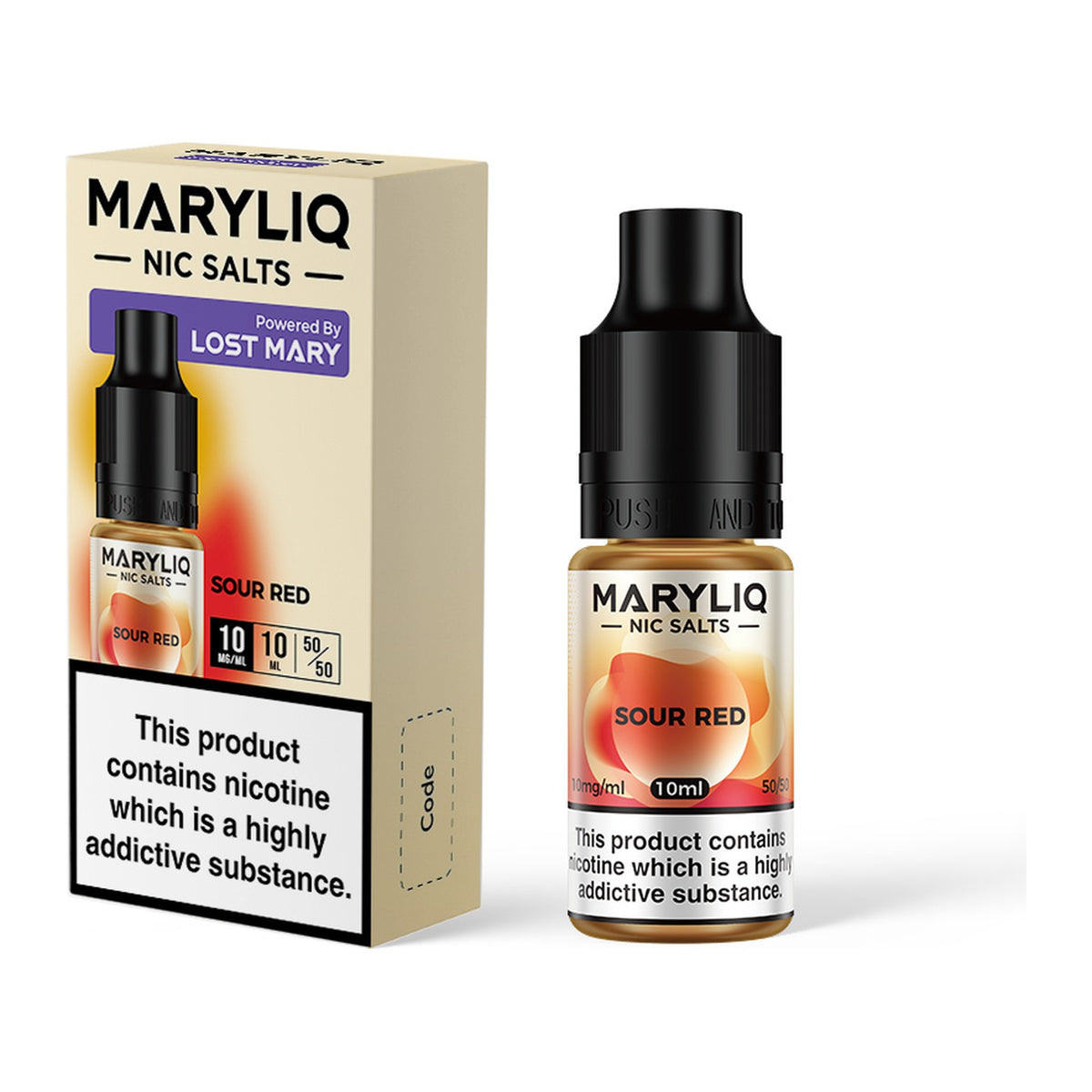 MARYLIQ Sour Red 10mg nic salt, bottle and box