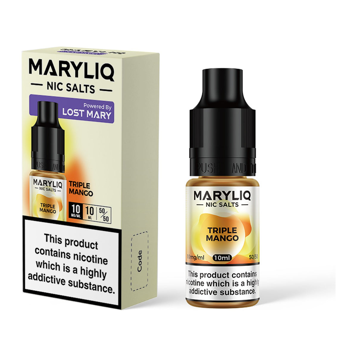 MARYLIQ Triple Mango 10mg nic salt, bottle and box