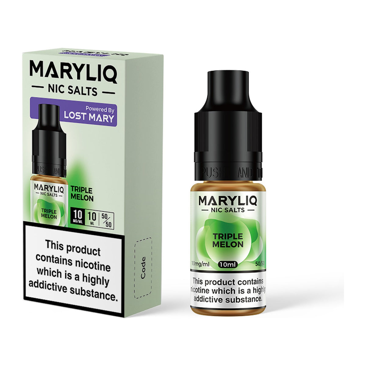 MARYLIQ Triple Melon 10mg nic salt, bottle and box
