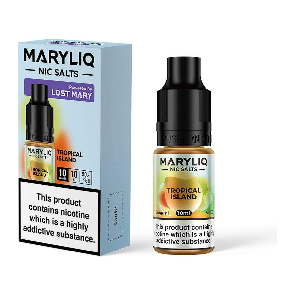 MARYLIQ Tropical Island 10mg nic salt, bottle and box